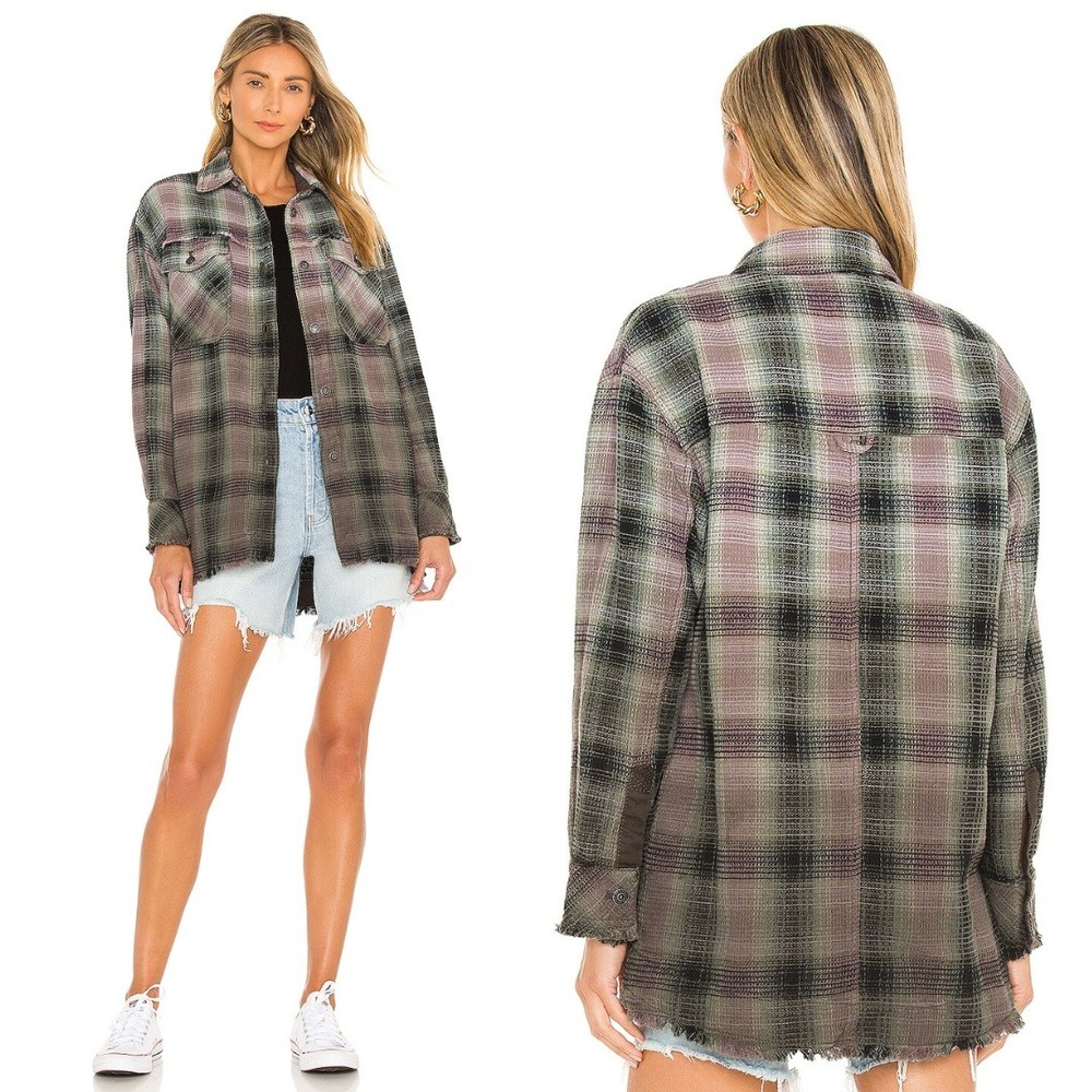 Free People | We The Free Anneli 100% cotton Plaid Shirt Jacket Spanish Olive